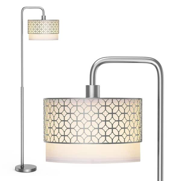 Rottogoon 64 in. Silver Paint Standing Lamp w/Foot Switch, Modern Arc Floor Lamp with Metal Fabric Shades LED Bulb for Living Room