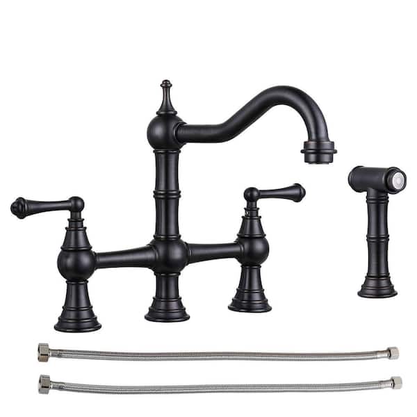 Antique Design Double Handle Bridge Kitchen Faucet with Side Sprayer in Oil Rubbed Bronze