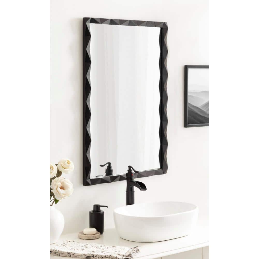 Endicott Black Geometric Faceted Wood Framed Vanity Mirror 24" x 36"