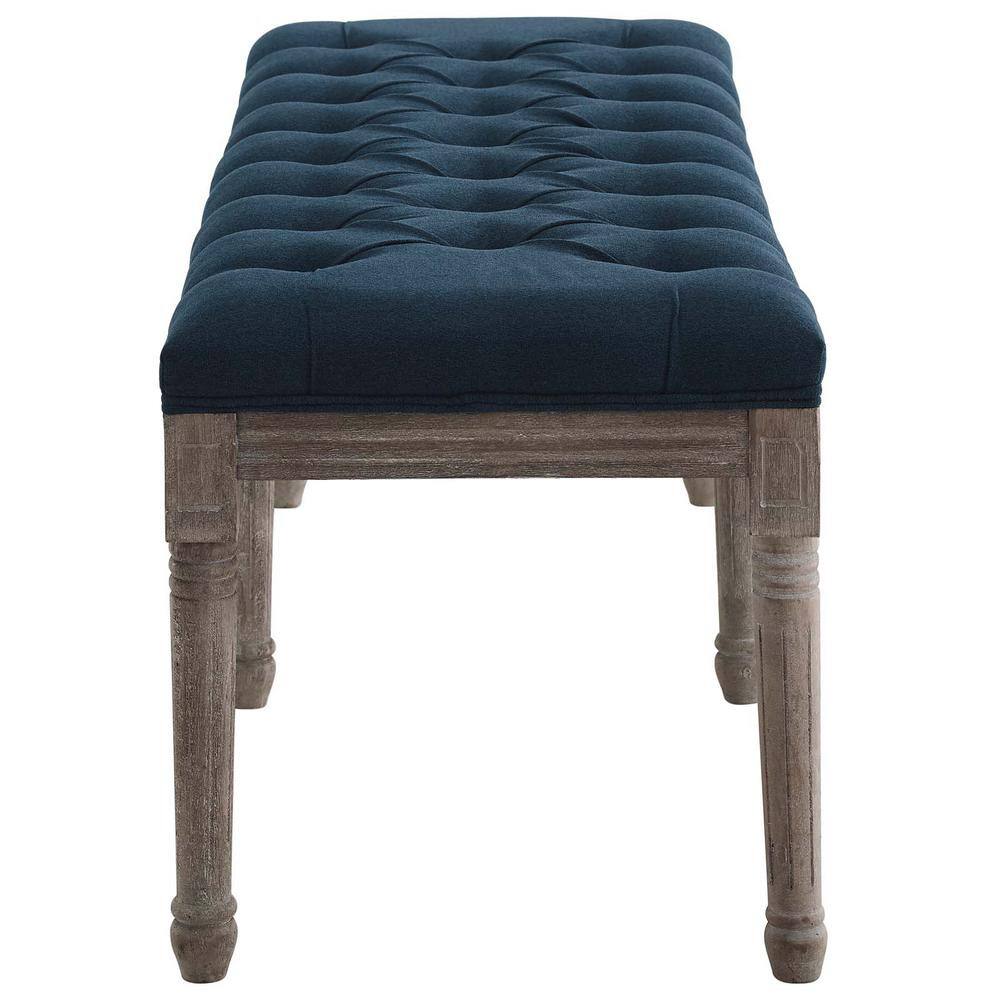 Navy French Vintage Upholstered Fabric Bench with Wood Legs