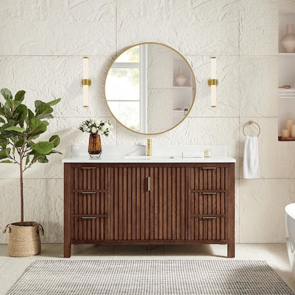 Shenzhen 60 in.W x 22 in.D x 33.9 in.D Single Bath Vanity in Aged Dark Brown Oak with White Engineered Stone Top