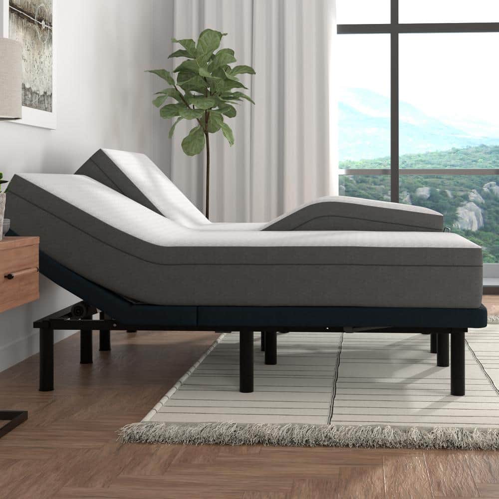 Split King Adjustable Bed with Gel Memory Foam Mattress in White Linen