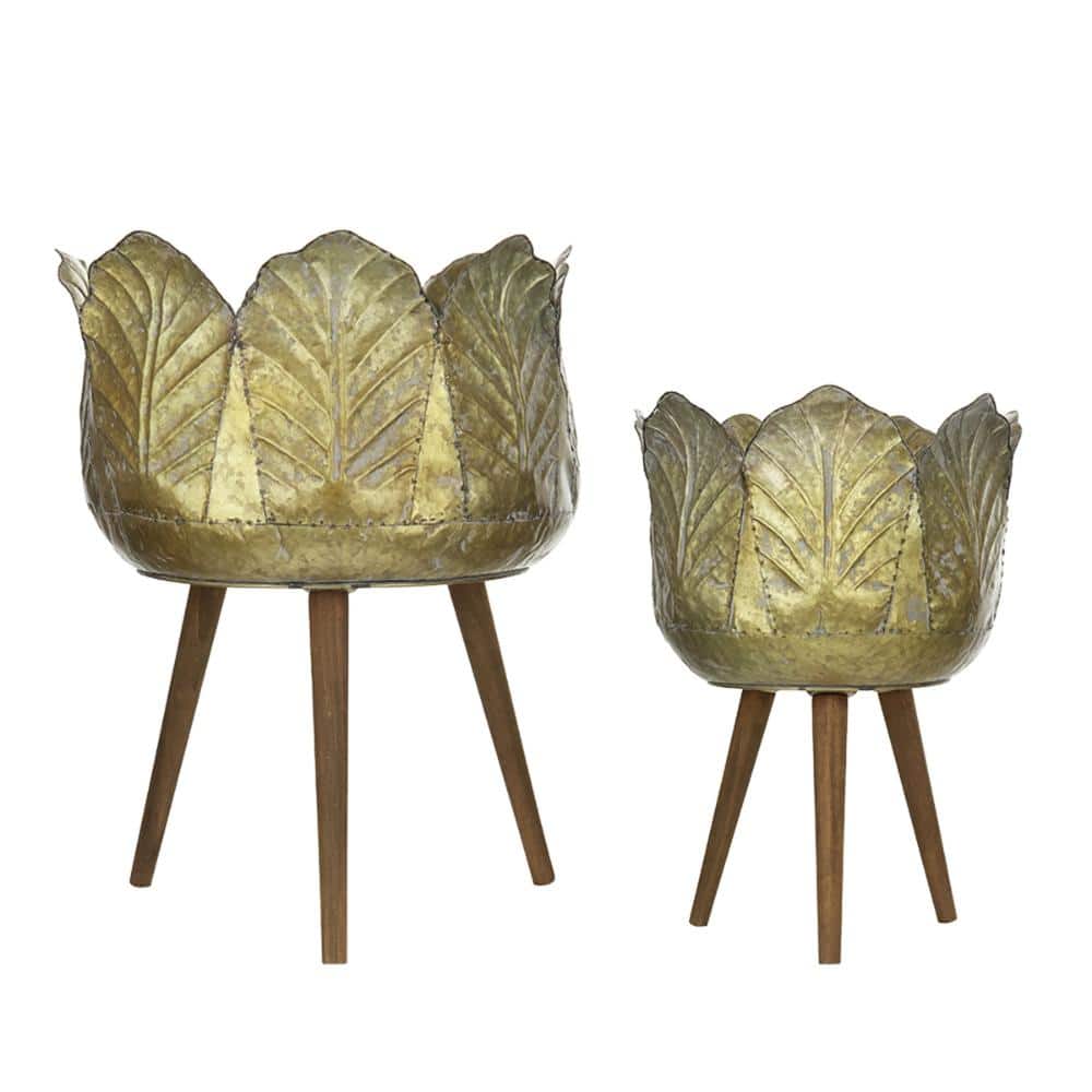 Antique Yellow Set of 2 Metal Planter With Wood Legs Stand for  Patio price history on PriceWatchPro