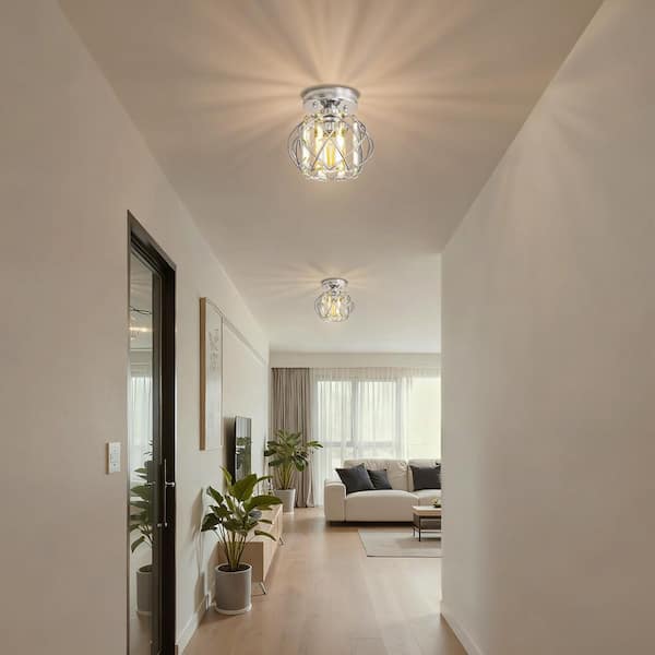 7 in. 1-Light Brushed Nickle Grid Crystal Semi Flush Mount Ceiling Light, Modern Chandelier for Bedroom, Hallway