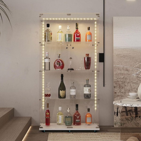 65 in. Tall Black Lockable Glass Display 4-Shelves Bookcase with Bluetooth LED Strip for Wine Cabinet Storage Toys