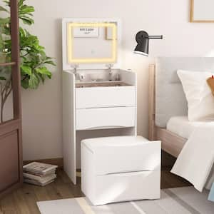 White Makeup Vanity Sets Dressing Chest with Flip-top Mirror, 3-Drawers, See-Through Glass Top, LED Lights and Stool