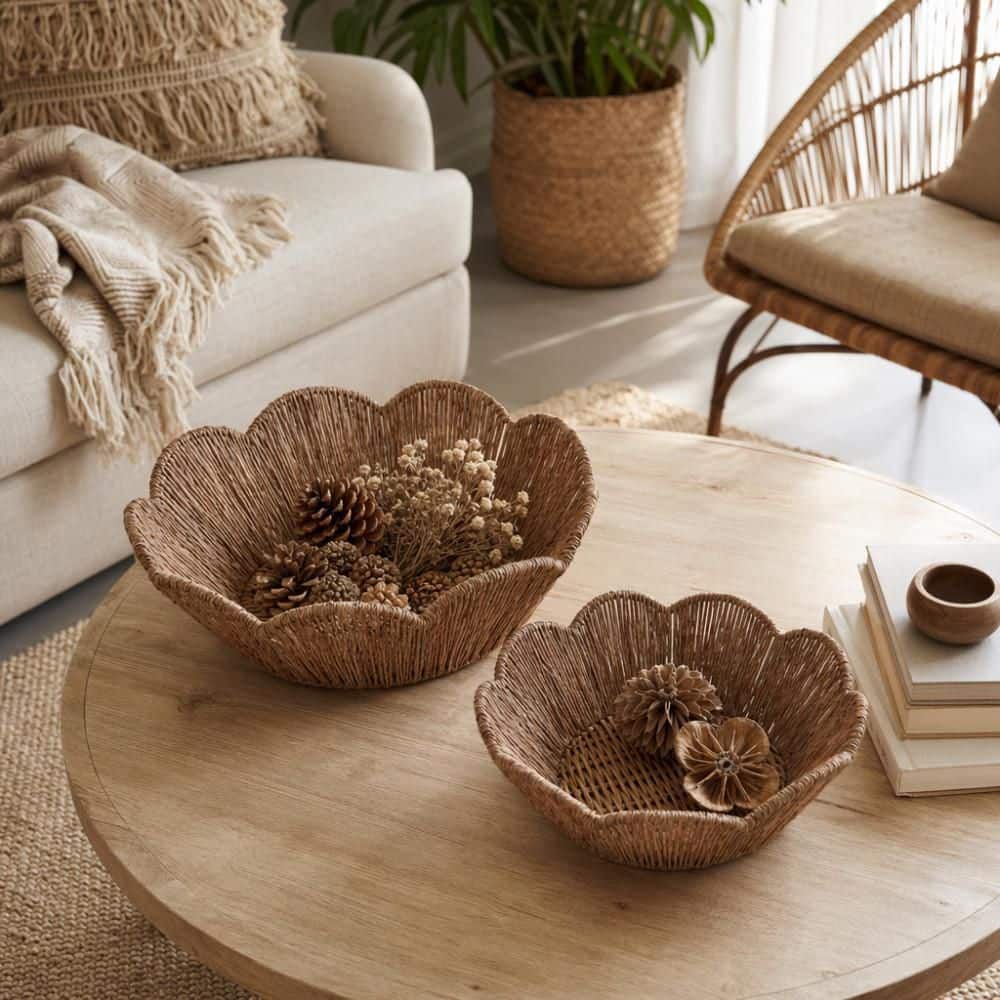 12.25 in. x 4.25 in. and 14.25 in. x 5 in. Brown Scalloped Round Jute Decorative Bowls (Set of 2) price history on PriceWatchPro
