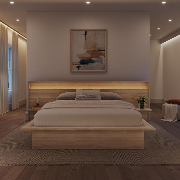 Lido Brown Oak Queen Size Extended Headboard with Integrated Shelves and Lighting