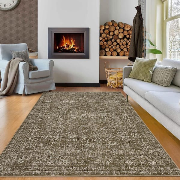 Camel 9 ft. x 12 ft. Vintage Floral Carpet Short Pile Neutral Soft Rug Non-Slip for Bedroom Living Room