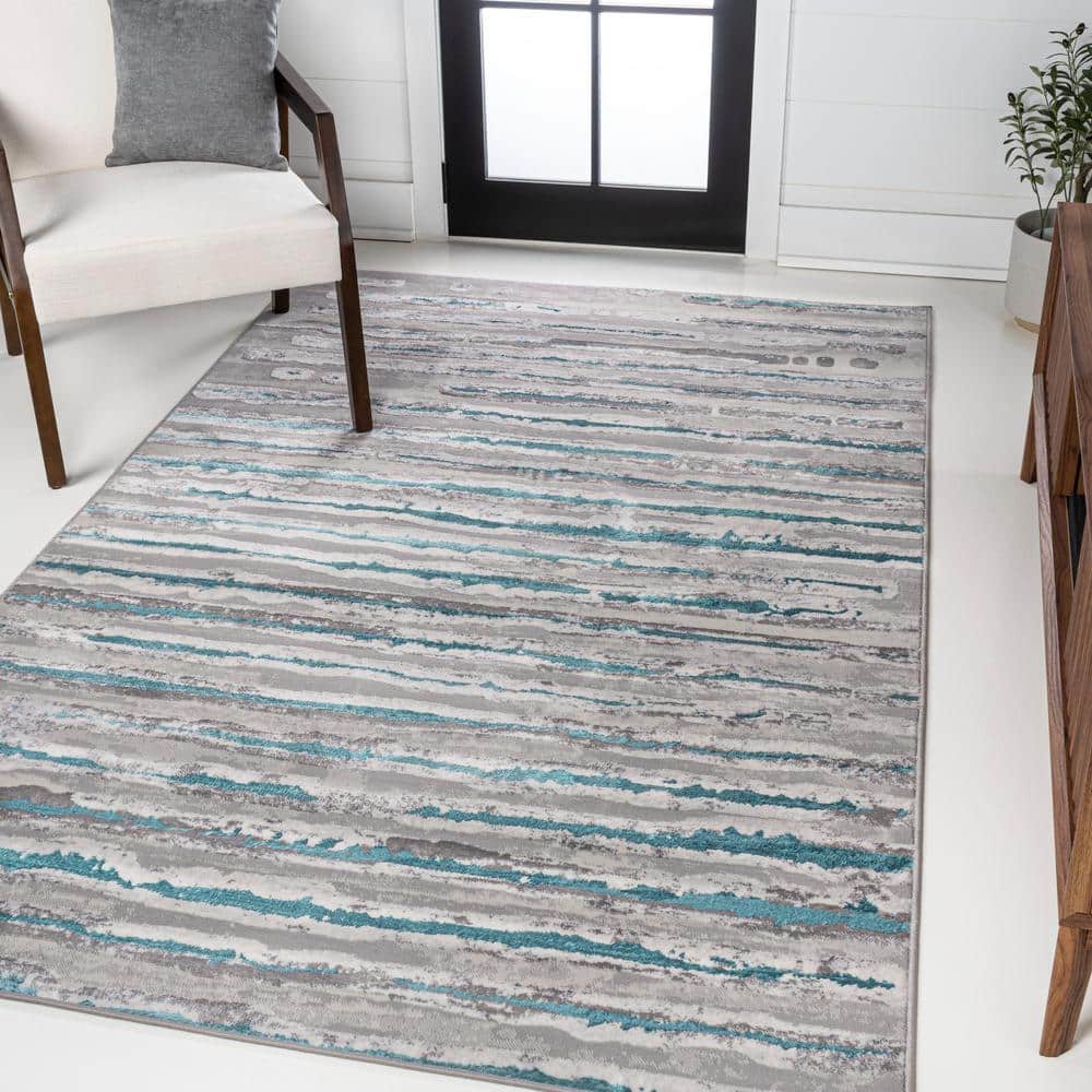 Gray and Turquoise 8' x 10' Synthetic Stripe Area Rug