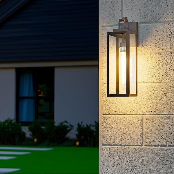 18 in. 2-Pack Large Black Dusk to Dawn Outdoor Waterproof Lantern Wall Lights with Clear Glass Shade T30 Bulbs Included
