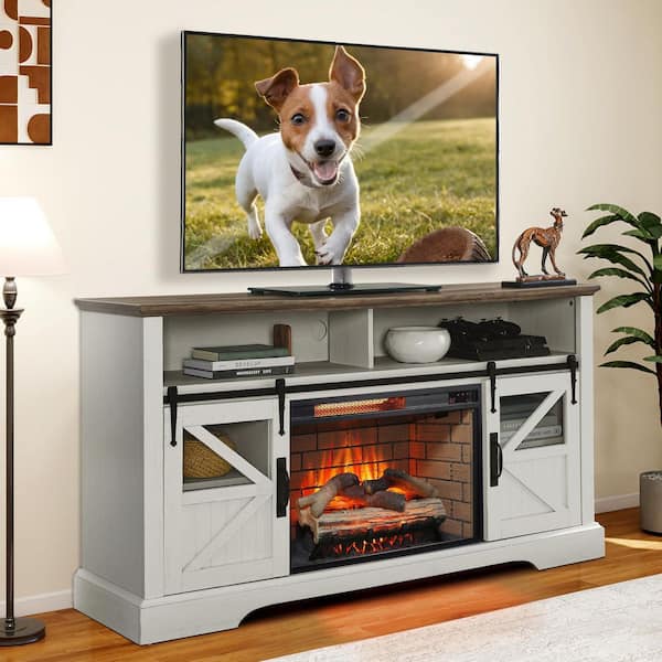60 in. Freestanding Ultra Thin Tempered Glass Front Smart Electric Fireplace and TV Stand with Remote in White