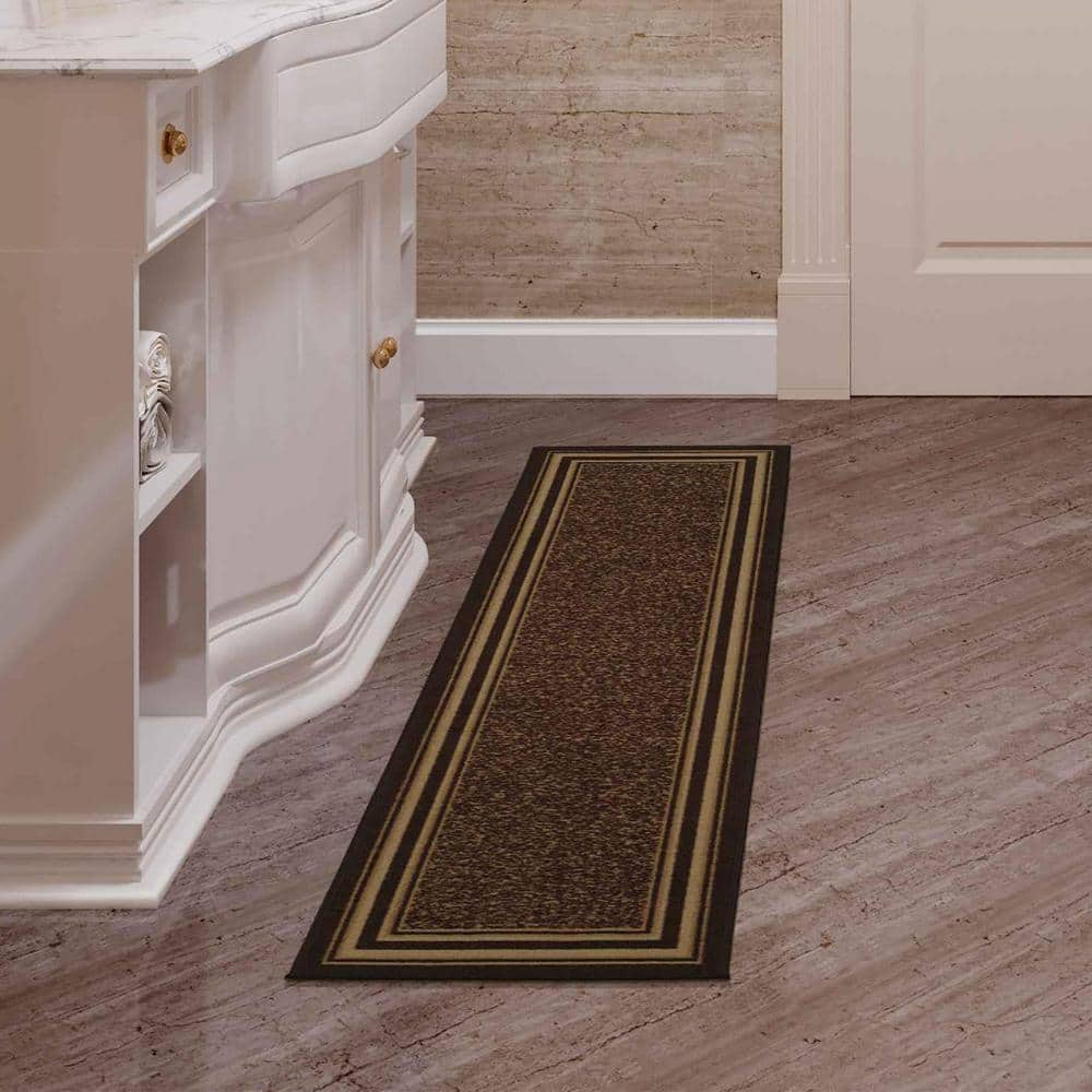 Brown and Beige Synthetic Non-Slip Runner Rug