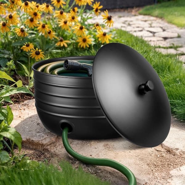 Border Embossed Garden Hose Holder Pot with Lid, Black