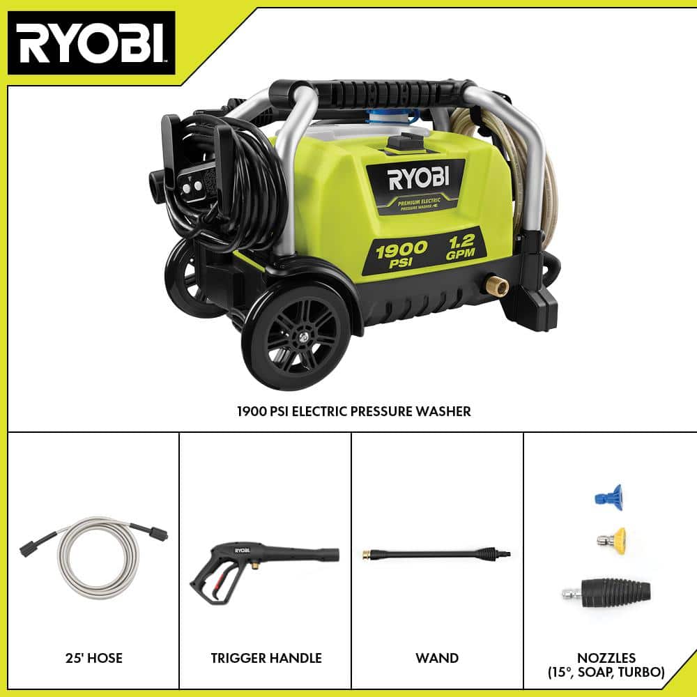 Ryobi 1900 PSI 1.2 GPM Electric Pressure Washer with Wheels