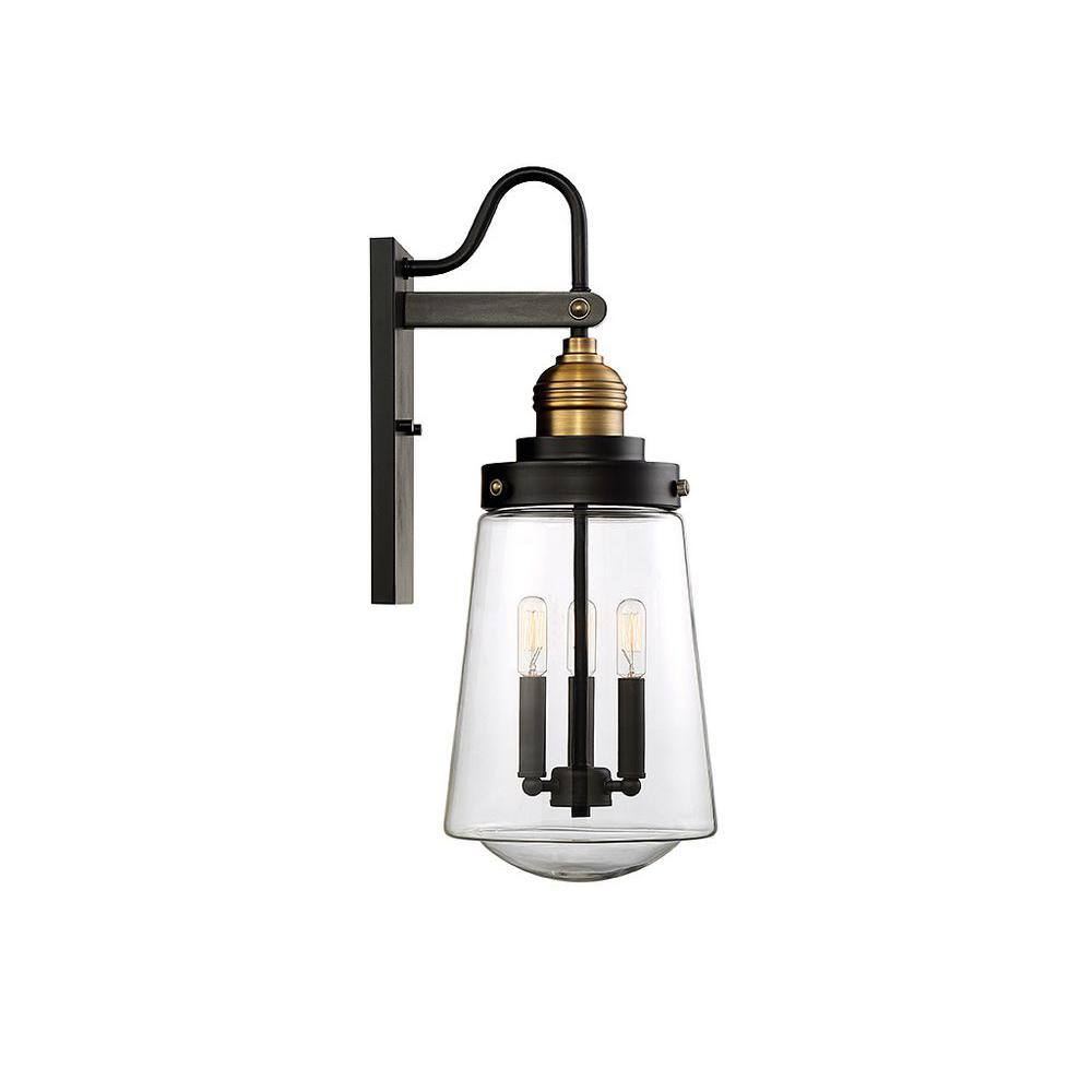 Vintage Black and Brass 3-Light Outdoor Wall Lantern