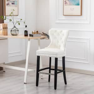 Harper 29 in. High Back Nail Head Trim Button Tufted Cream Velvet Bar Stool with Solid Wood Frame in Black