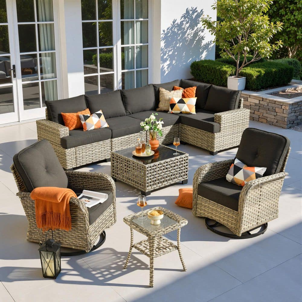 Merritt 9-Piece All-Weather Wicker Outdoor Patio Conversation Sectional Sofa Set with Swivel Chairs and Black Cushions price history on PriceWatchPro