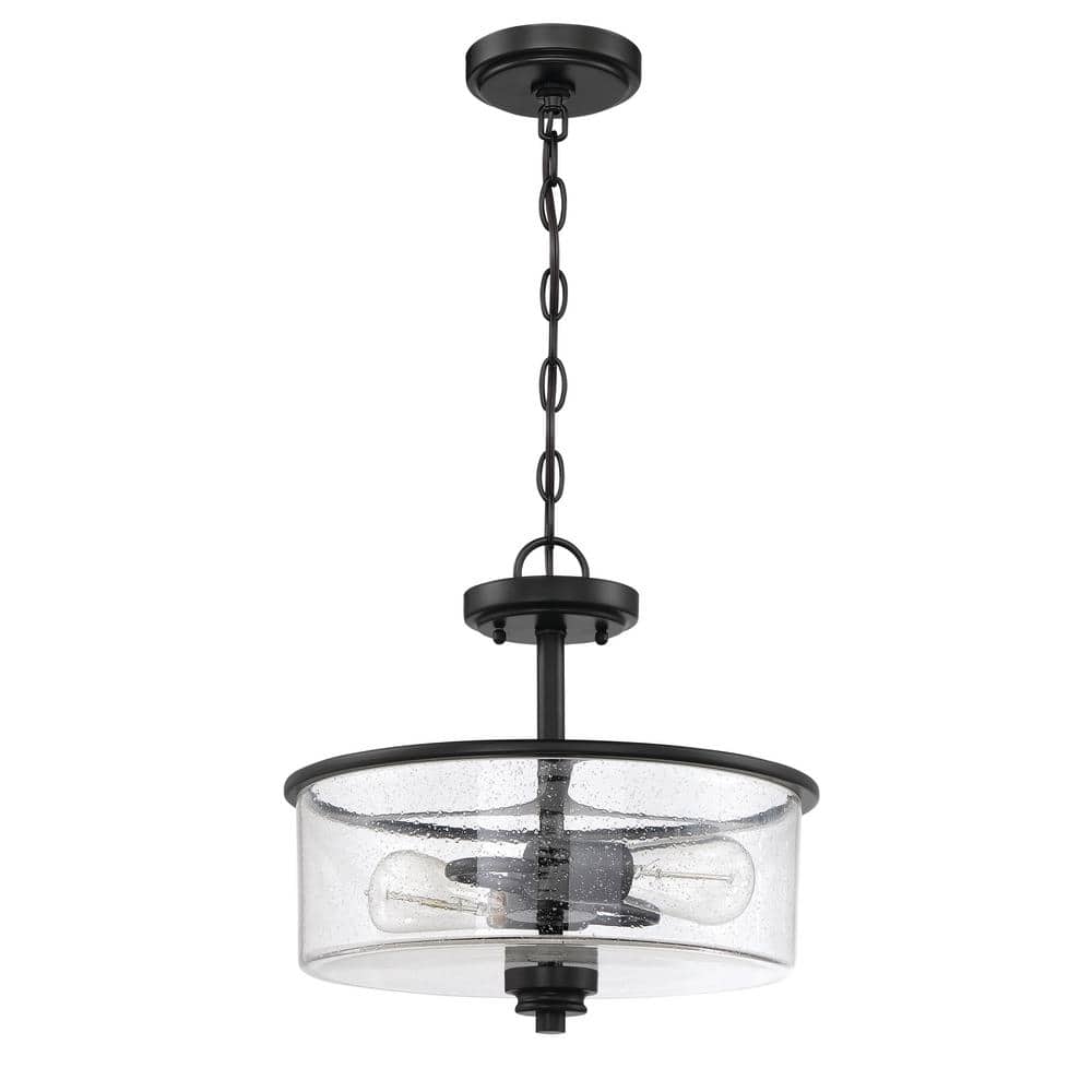 Flat Black 13" Drum Shade Semi-Flush Mount Light with Clear Glass