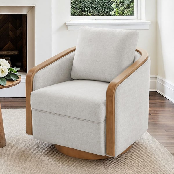Dove Grayish Beige Chenille Wood Frame Swivel Accent Chair With Solid Wood Base Barrel Chair Set of 1