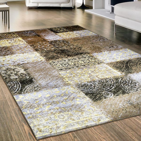 Hadley Brown 9 ft. x 12 ft. Damask Non-Slip Area Rug