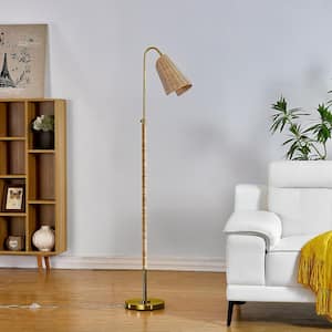 New York 65 in. Brass Base arching Single-Head Standard Floor Lamp with Wicker Shade