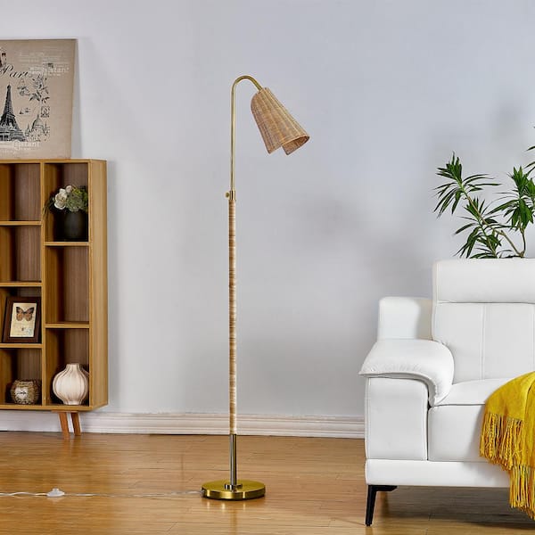 Maxax New York 65 in. Brass Base arching Single-Head Standard Floor Lamp with Wicker Shade