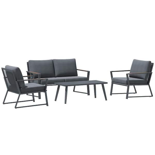 ITOPFOX Garden Sofa Set Gray 4-Piece Aluminum Patio Conversation Sectional Seating Set with Gray Cushions and Center Table