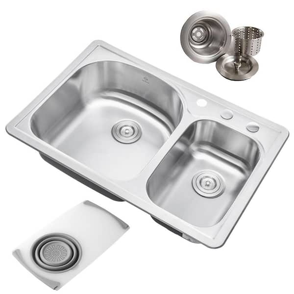 eModernDecor Topmount Drop-In 18G Stainless Steel 33 in. 3-Faucet Hole 70/30 Double Bowl Kitchen Sink with Colander and Strainer