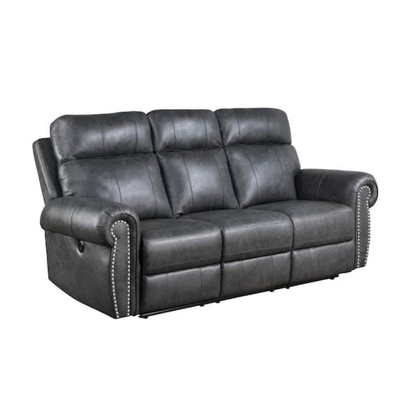 Benjara 83 in. Round Arm Faux Leather Rectangle Recliner Sofa in. Gray