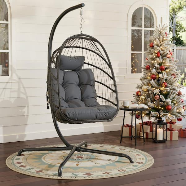 1-Person 350 lbs. Capacity Foldable Gray Wicker Egg Porch Swing Chair with Steel Stand and Dark Gray Cushion for Patio