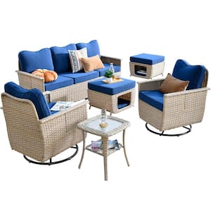 Echo Beige 6-Piece Wicker Multi-Function Patio Conversation Sofa Set with Swivel Rocking Chairs and Navy Blue Cushions
