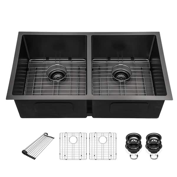 Sarlai 33 In Undermount Double Bowl 16 Gauge Black Stainless Steel