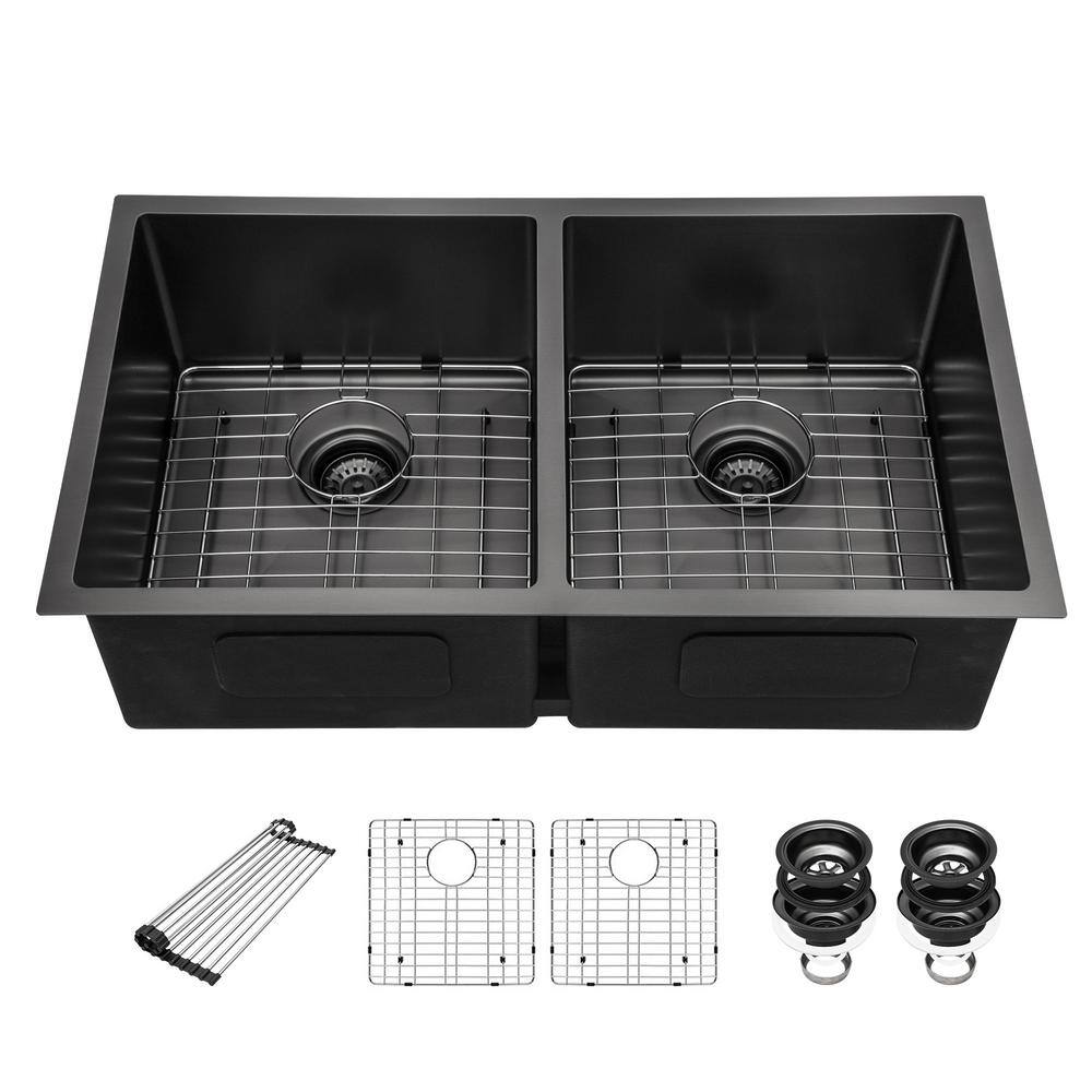 33 in. Undermount Double Bowl 16Gauge Black Stainless Steel Kitchen