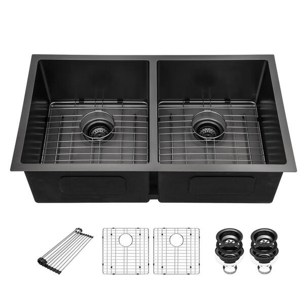 33 in. Undermount Double Bowl 16-Gauge Black Stainless Steel Kitchen Sink Under Counter Kitchen Basin with Bottom Grids