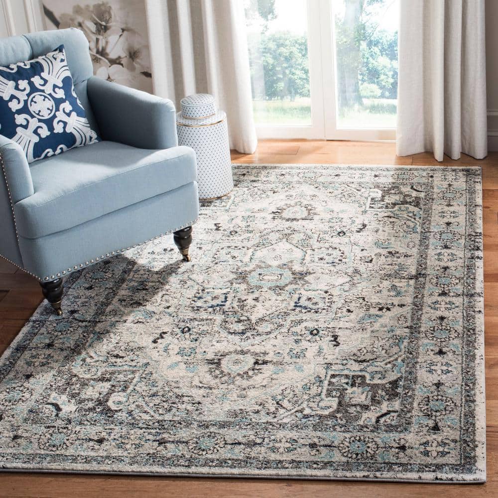 Light Grey and Blue Rectangular Synthetic Area Rug