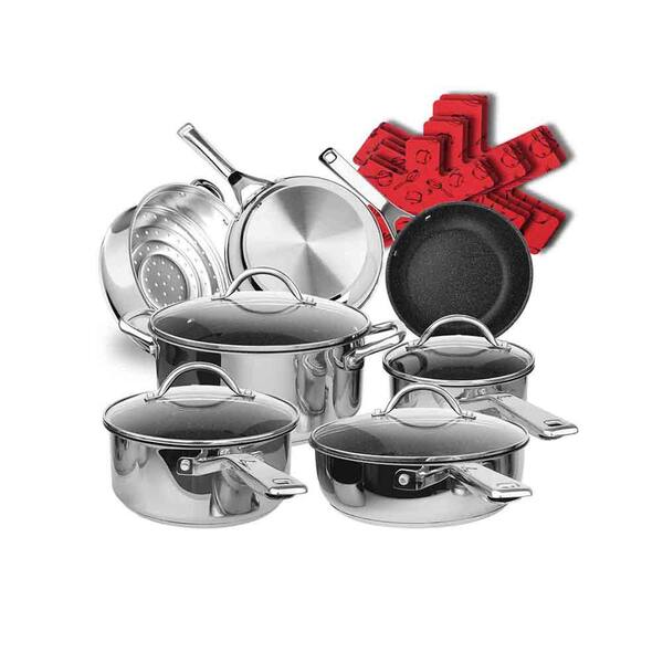 Tatahance 17-Piece Mirror Stainless Steel Non-Stick Induction Cookware Set with Germany Durable Multilayer Stone Coating