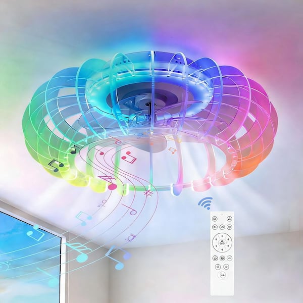 21 in. White Low Profile Bladeless Flush Mount Ceiling Fan with LED Light Caged Acrylic Shade 6 Wind Speeds