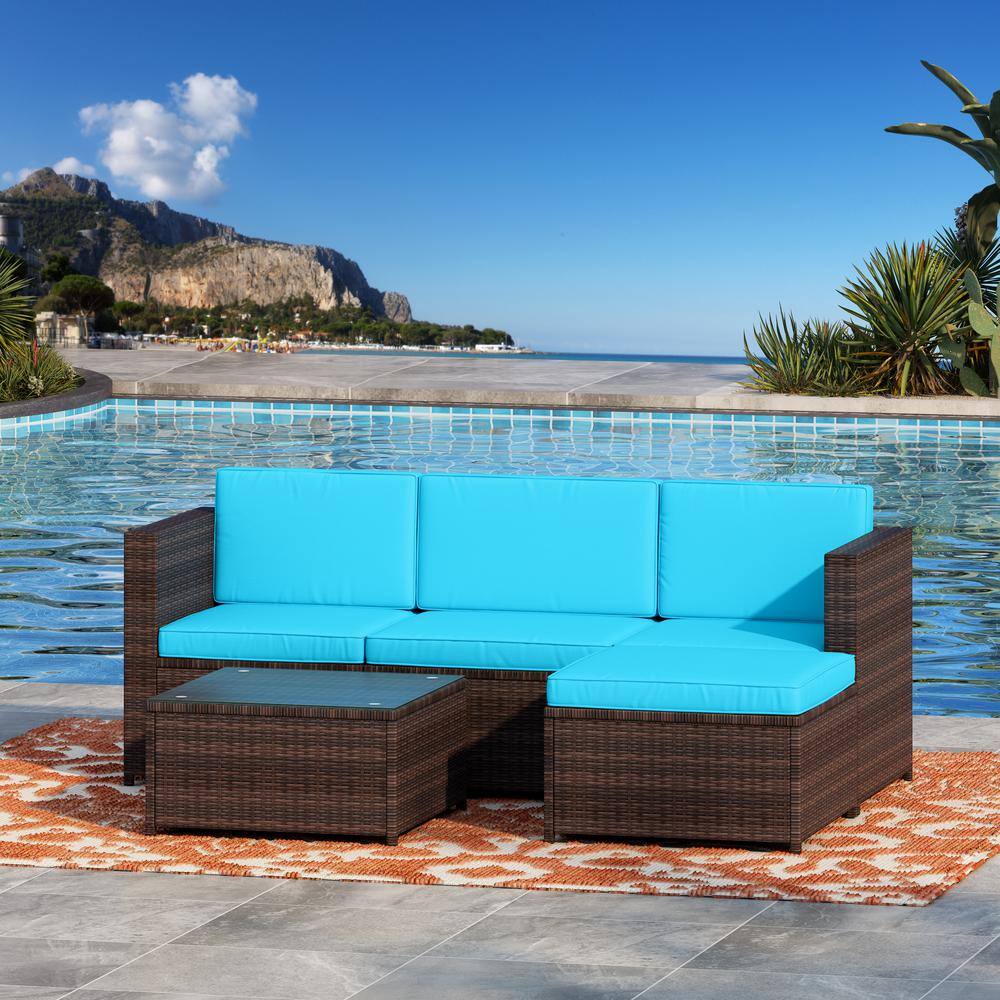 Brown 5-Piece Wicker Patio Conversation Set with Blue Cushions