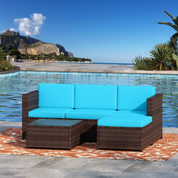 Brown 5-Piece Wicker Patio Conversation Set With Blue Cushions GZX ...