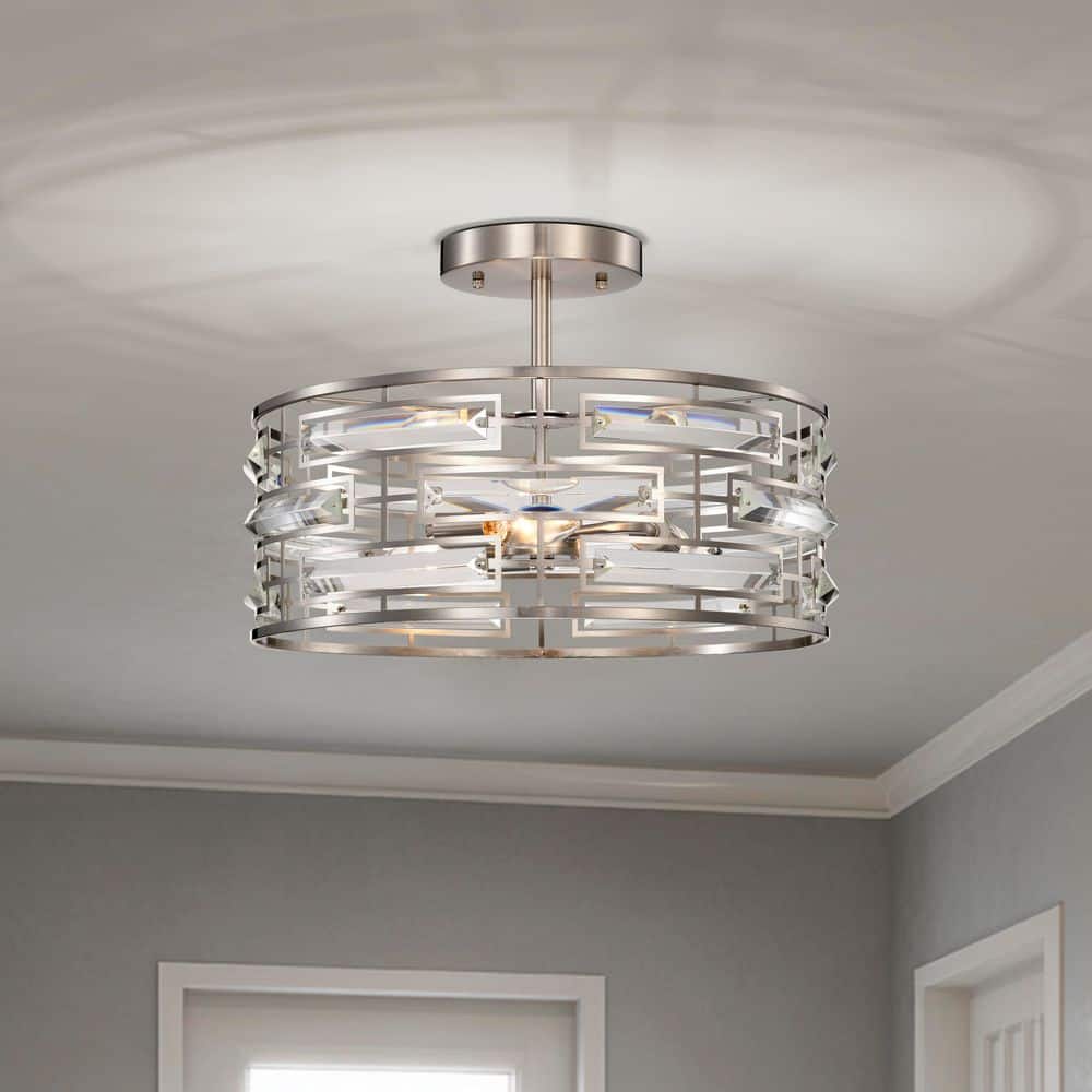 "Yolanda 17.2"" in Diameter Satin Nickel 3-Light Drum Shade Clear Glass Prism Flush Mount" price history on PriceWatchPro