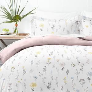 Premium Ultra Soft Pink Wild Flower Pattern Reversible Full/Queen Microfiber 3-Piece Duvet Cover Set