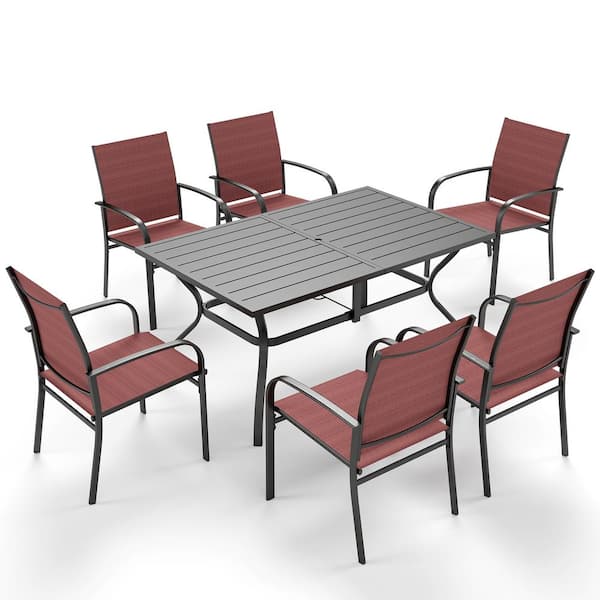 PHI VILLA Black 7-Piece Metal Slat Rectangle Table Outdoor Patio Dining Set with Red Textilene Chairs