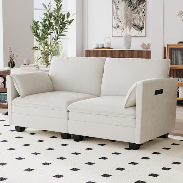Zahir 74 in. Beige Upholstered Fabric 2-Seater Loveseat with Side Pocket
