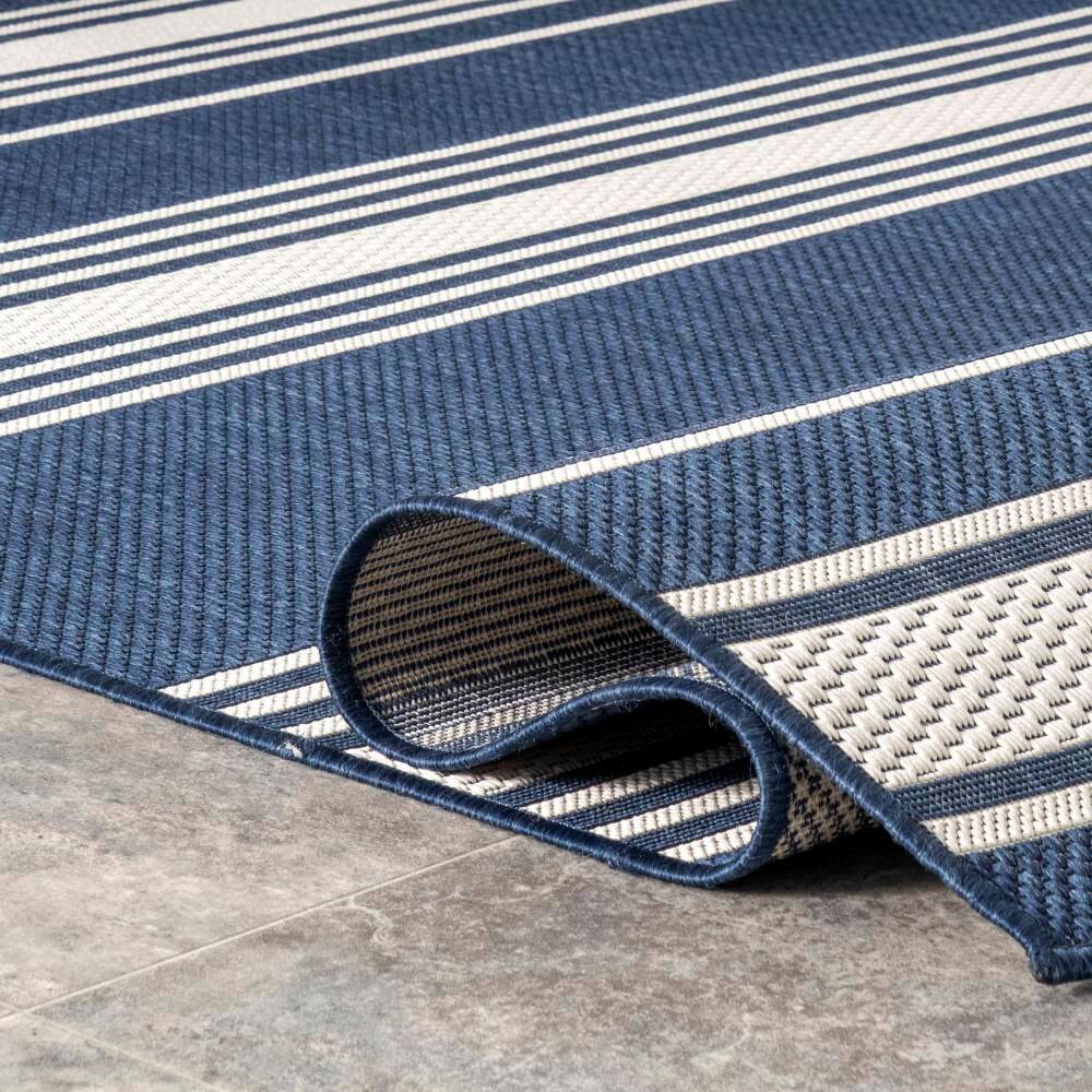 Navy and White Round Synthetic Striped Area Rug, 6' 7"