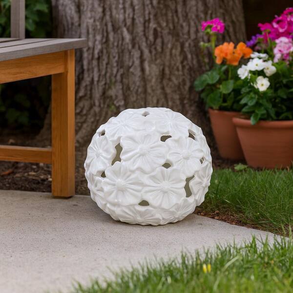 12 in. x 11 in. White Stoneware Flower Cut-Out Orb Garden Statue
