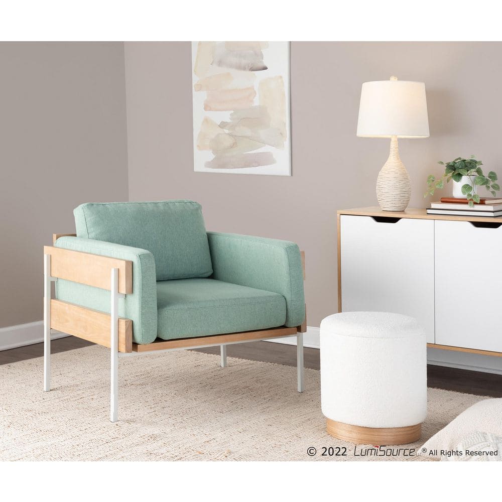 Light Green Fabric and Natural Wood Metal Accent Chair