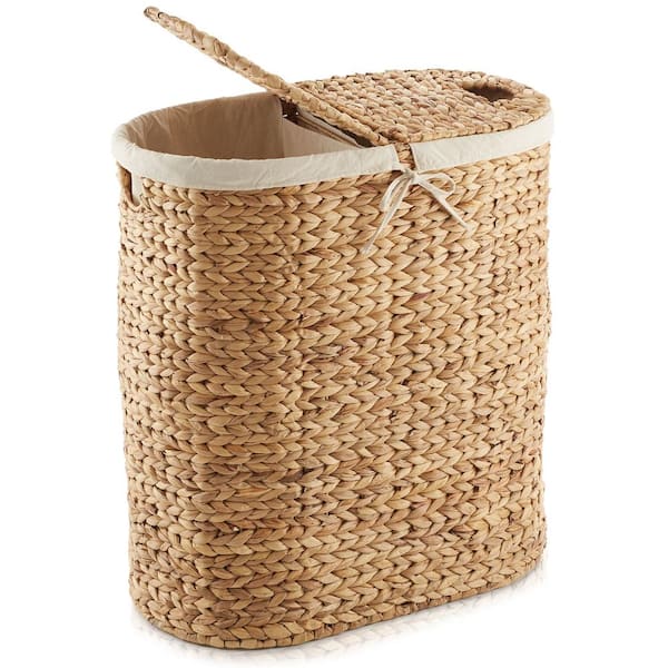 Casafield Brown Natural 23 in. x 24.25 in. Wicker Water Hyacinth Decorative Basket 2-Section Oval Laundry Hamper w Lids and Liners