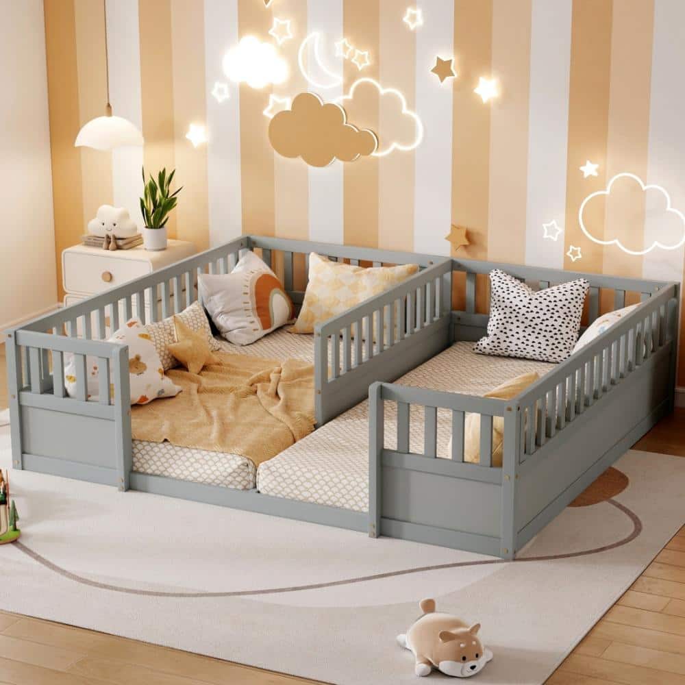 Gray Wood Frame Twin Size Platform Bed Floor Bed with Safety Guardrails
