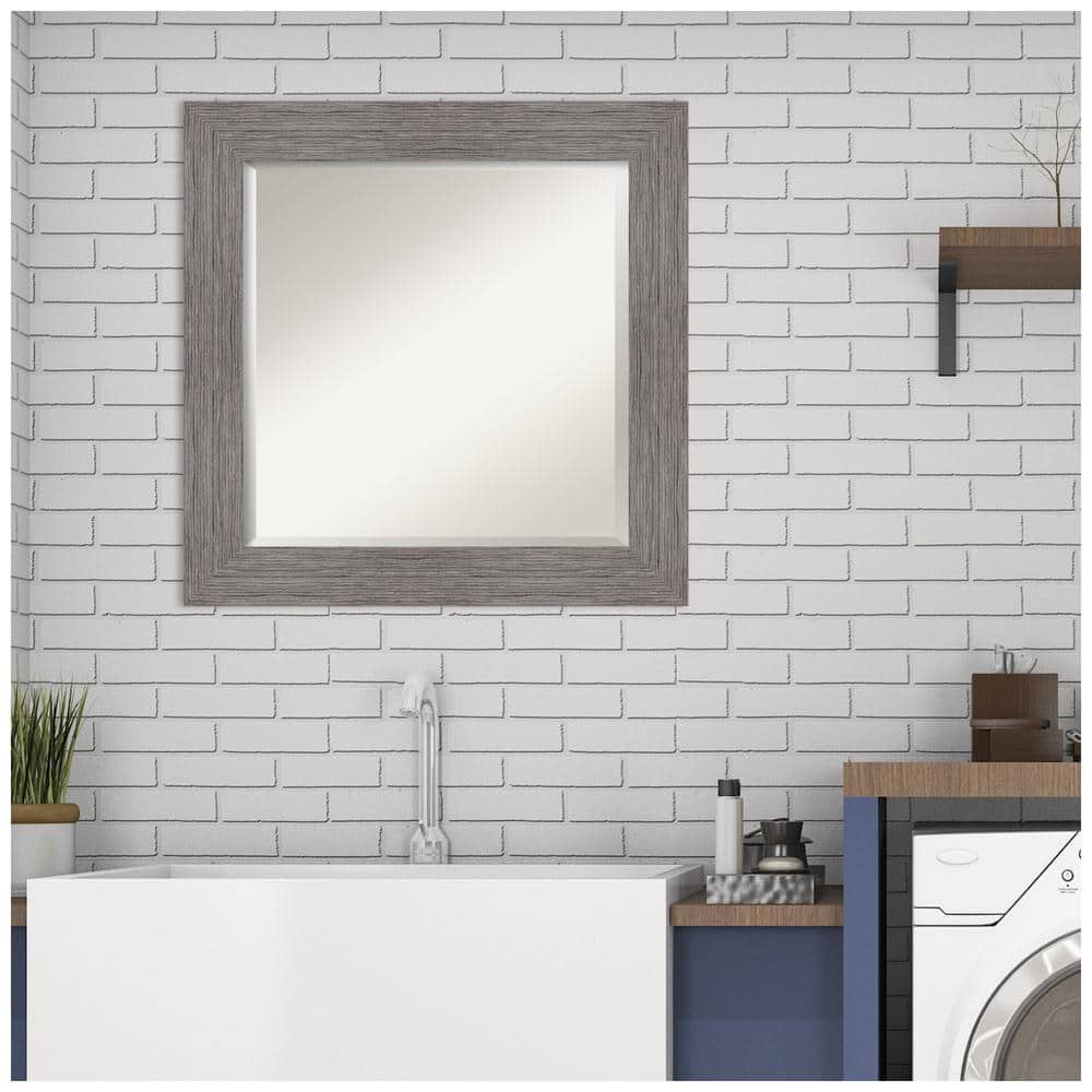 Contemporary Pinstripe Plank 25.5" Square Bathroom Mirror in Dressy Grey